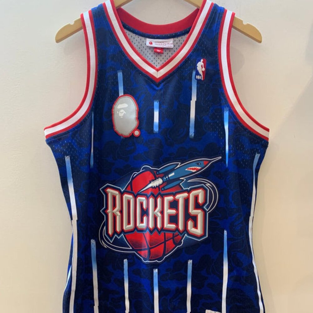 BAPE Rare Blue Pinstripe Rockets Mitchell & Ness Jersey - Size Medium
